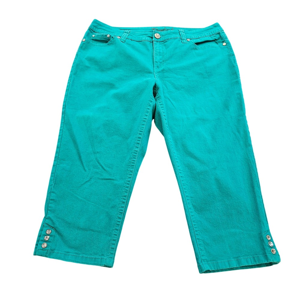ND Weekend Womens Teal Green Cropped Capri Pants Rhinestone Embroidered Size 16